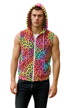 Load image into Gallery viewer, Person wearing a colorful fuzzy leopard print sleeveless hoodie