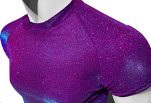 Load image into Gallery viewer, Close up view of mannequin wearing magenta glitter crop tee