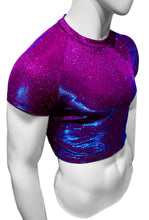 Load image into Gallery viewer, Side view of mannequin wearing magenta glitter crop tee