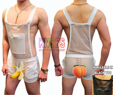 Load image into Gallery viewer, Front and rear view of model wearing white fishnet overalls with a solid fabric zipper-sealed kangaroo pocket and button shoulder straps. Fruit emojis are covering the intimate bits of the model. Lower right of the image features the black fishnet overalls.