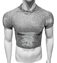 Load image into Gallery viewer, A mannequin wearing a silver short sleeve crop tee with reflective glitter throughout.