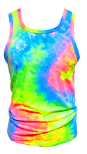 Load image into Gallery viewer, This image features a vibrant, multicolored tie-dye tank top, showcasing a blend of bright hues including blue, green, yellow, and pink. The tank top is displayed against a plain background, emphasizing its colorful pattern.