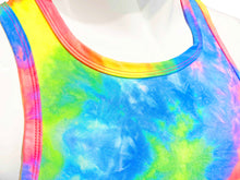 Load image into Gallery viewer, Close up of neckline of neon rainbow tie dye tank top