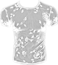 Load image into Gallery viewer, A white mesh fabric t-shirt with a flocked rose and leaves pattern, displayed on a mannequin. Contrast increased to show detail
