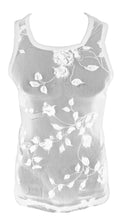 Load image into Gallery viewer, White mesh tank top with flocked floral patterns