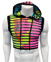 Load image into Gallery viewer, Mannequin wearing a hooded crop top, with alternating horizontal stripes of solid neon rainbow fabric (with pink, blue, yellow, and green) and stripes of black fishnet.