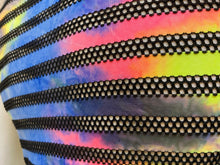 Load image into Gallery viewer, Close up detail view of the alternating horizontal stripes of solid neon rainbow fabric and black fishnet