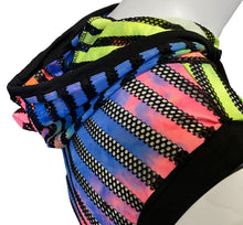 Load image into Gallery viewer, Rear side view of a mannequin wearing neon rainbow + black fishnet striped hooded crop top