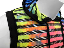 Load image into Gallery viewer, Close up of neckline neon rainbow + black fishnet striped hooded crop top, worn by a mannequin