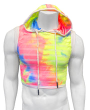Load image into Gallery viewer, Tie dyed hooded crop top with white trim and white drawstring, made with alternating horizontal stripes of fishnet and solid fabric. Worn by a mannequin
