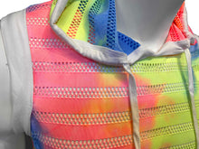 Load image into Gallery viewer, Close up of neckline of tie-dyed hooded crop top with white trim and white drawstring, made with alternating horizontal stripes of fishnet and solid fabric