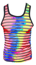 Load image into Gallery viewer, Tank top made with alternating horizontal stripes of black fishnet fabric and tie-rainbow dye fabric