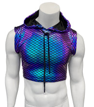 Load image into Gallery viewer, Mannequin wearing a blue and purple metallic hooded crop top with mermaid scale print pattern