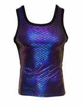 Load image into Gallery viewer, Purple and blue metallic mermaid scale-patterned tank top with black trim, in dim lighting