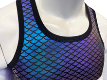 Load image into Gallery viewer, Close up of neckline of purple blue metallic mermaid print tank worn by a mannequin