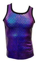Load image into Gallery viewer, Metallic purple and blue mermaid scale-patterned tank top with black trim