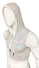 Load image into Gallery viewer, Mannequin wearing a white hooded crop tank top covered in multicolor reflective sequins. Hood is on and has white drawstrings