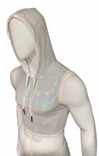 Load image into Gallery viewer, Off angle view of mannequin wearing a white hooded crop tank top covered in multicolor reflective sequins.