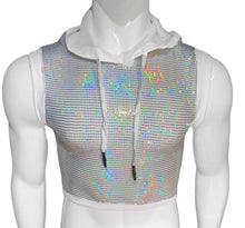 Load image into Gallery viewer, Front view of mannequin wearing a white hooded crop tank top covered in multicolor reflective sequins.