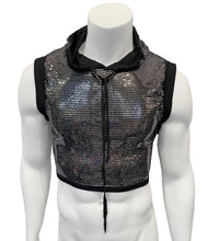 Load image into Gallery viewer, Front view of mannequin wearing a black hooded crop tank top covered in silver reflective sequins.