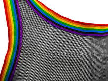 Load image into Gallery viewer, Close up of rainbow neckline of rainbow trim + black fine mesh tank