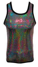 Load image into Gallery viewer, A sleeveless tank top covered in multicolored sequins, with a stretchy fabric and black trim around the neckline.