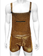 Load image into Gallery viewer, Mannequin wearing gold glitter overalls