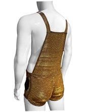 Load image into Gallery viewer, Side rear view of mannequin wearing gold glitter overalls