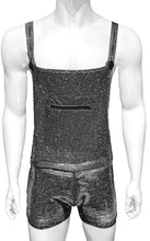 Load image into Gallery viewer, Mannequin wearing silver glitter overalls.