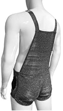 Load image into Gallery viewer, Side rear view of mannequin wearing silver glitter overalls