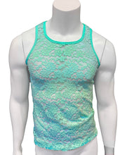 Load image into Gallery viewer, Mannequin wearing a floral lace tank top in aqua blue green.