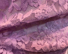 Load image into Gallery viewer, Close up detail view of floral lace tank fabric in lavender