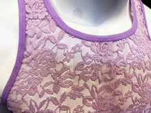 Load image into Gallery viewer, Close up of neckline of mannequin wearing a floral lace tank top in lavender