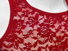 Load image into Gallery viewer, Close up of neckline of dark red floral lace tank top, worn by a mannequin