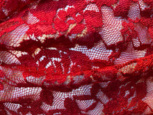 Load image into Gallery viewer, Close up detail view of floral lace fabric in dark red.