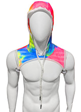 Load image into Gallery viewer, Mannequin wearing a shoulder harness where the straps go under the armpits. The fabric is rainbow tie-dye and has stripes of alternating solid and mesh fabric