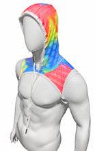 Load image into Gallery viewer, Side view of mannequin wearing a shoulder harness where the straps go under the armpits. The fabric is rainbow tie-dye and has stripes of alternating solid and mesh fabric