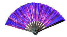 Load image into Gallery viewer, Open Iridescent, almost glowing purple vinyl fan with black bamboo spines