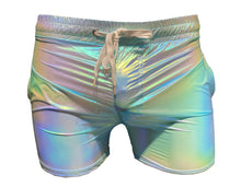 Load image into Gallery viewer, Iridescent metallic shorts with a mint green hue and reflective properties, featuring a drawstring waistband.