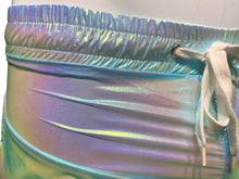 Load image into Gallery viewer, Close up view of mint metallic shorts, showcasing the white drawstring waistband and the reflective fabric