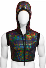 Load image into Gallery viewer, A black hooded crop top covered in flat sequins with a reflective multicolored holographic finish.