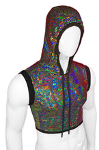 Load image into Gallery viewer, Off angle view of a black hooded crop top covered in flat sequins with a reflective multicolored holographic finish.