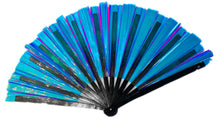 Load image into Gallery viewer, A slightly see-through tinted iridescent blue and purple vinyl fan with a black painted bamboo spine, opening outward.