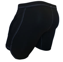 Load image into Gallery viewer, Side rear view of black cotton shorts with rainbow stripes down either side of the front