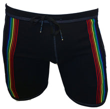 Load image into Gallery viewer, Black cotton shorts with rainbow stripes down either side.