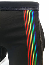 Load image into Gallery viewer, Close up view of rainbow stripes and side pocket of black cotton rainbow stripes shorts