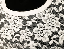 Load image into Gallery viewer, Close up view of neckline of white lace short sleeve t-shirt