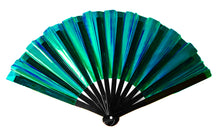 Load image into Gallery viewer, A foldable party fan with iridescent teal and gold colors and a black painted bamboo spine.
