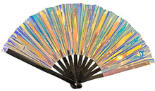 Load image into Gallery viewer, An open fan made with an iridescent vinyl with tones of blue, silver, and yellow, reminiscent of a sunrise.