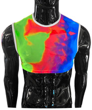 Load image into Gallery viewer, Mannequin wearing a fine mesh crop tank top in neon tie dye - green, pink, and blue